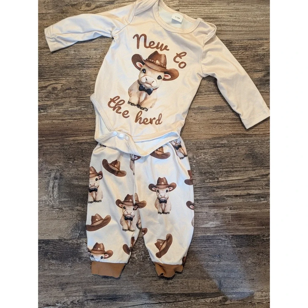 New to the Herd Baby Cowboy Cow Bodysuit and Jogger Set Cream Brown 0-3M